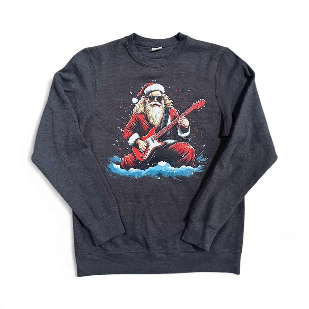 Santa Claus Playing Guitar Rocker Christmas Music Sweatshirt Gray Small NWOT